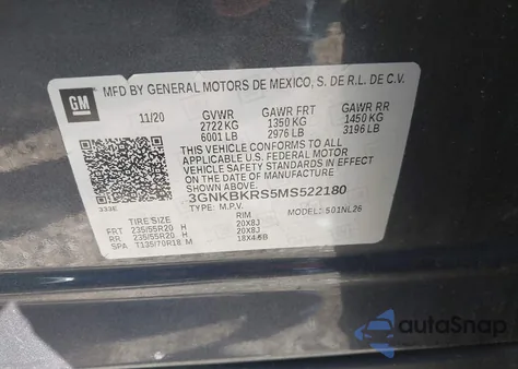 2021 Chevrolet Blazer Awd Rs из США, поврежденный, VIN 3GNKBKRS5MS522180